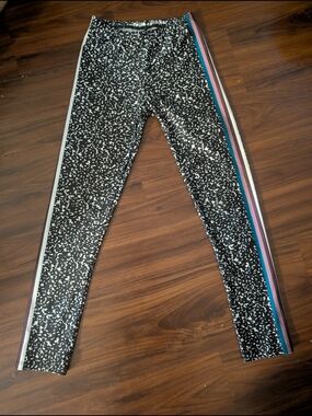 Goldsheep Black White Speckle Leggings with Purple Pink Blue Side Stripes